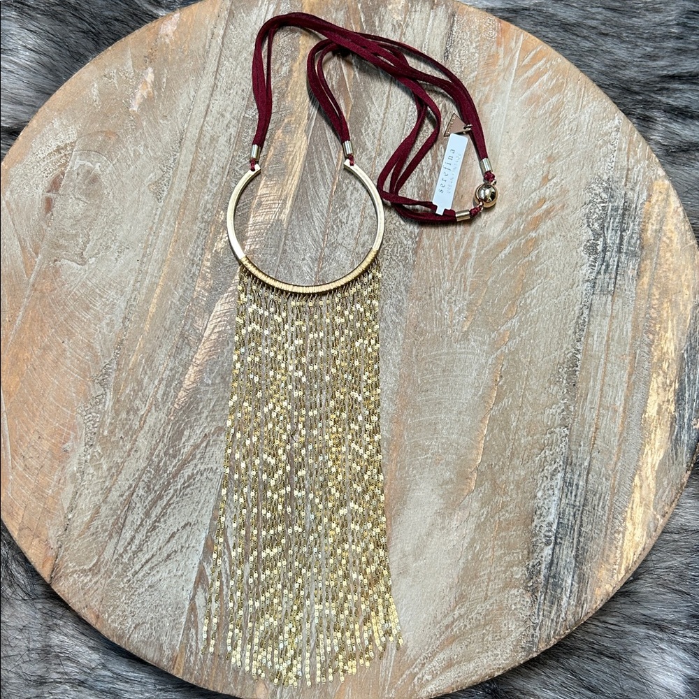 NWT Anthropologie Serefina Urban Vintage Wine Leather Gold Waterfall Necklace